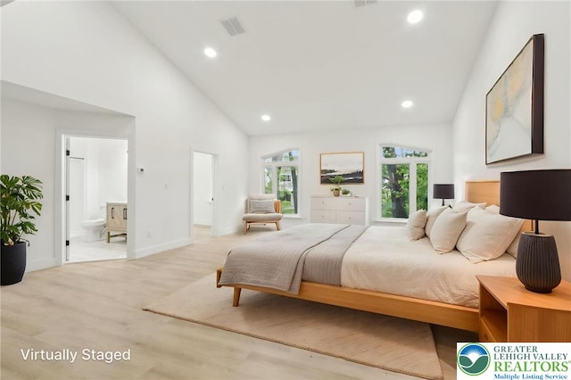 624 E 8th St, Northampton Borough, PA 18067 - bedroom featuring high vaulted ceiling, recessed lighting, wood finished floors, connected bathroom, and baseboards