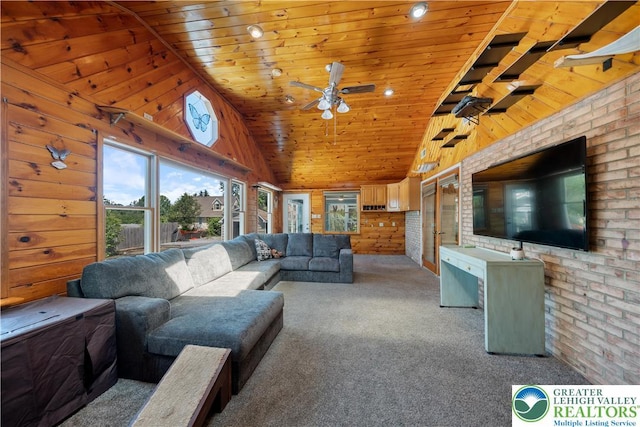 2617 5th St, Bethlehem City, PA 18020 - living room featuring wooden ceiling, lofted ceiling, carpet floors, wood walls, and a ceiling fan