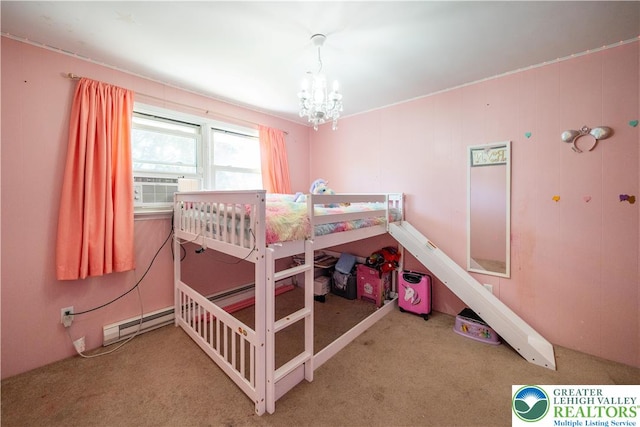 2617 5th St, Bethlehem City, PA 18020 - carpeted bedroom with a chandelier, baseboard heating, and cooling unit