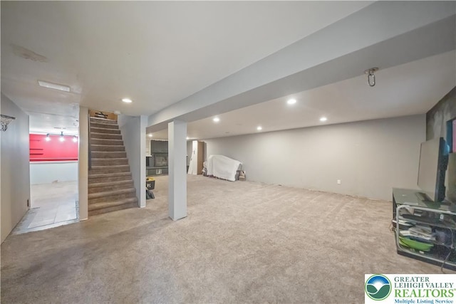 2617 5th St, Bethlehem City, PA 18020 - finished basement with carpet flooring, stairs, and recessed lighting