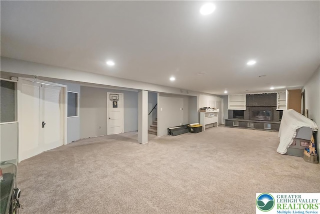 2617 5th St, Bethlehem City, PA 18020 - finished basement with light colored carpet, recessed lighting, and stairway