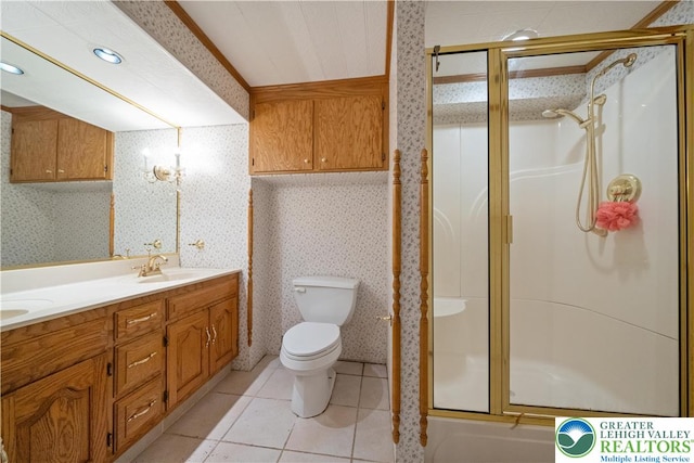 2617 5th St, Bethlehem City, PA 18020 - full bath with wallpapered walls, a shower stall, toilet, tile patterned floors, and double vanity