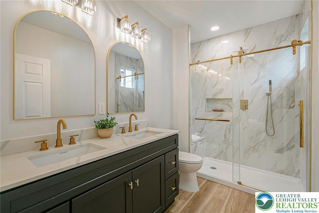 1647 4th St, Bethlehem Twp, PA 18020 - full bath with toilet, a marble finish shower, double vanity, and recessed lighting