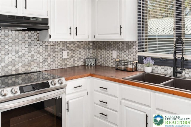 64 Autumn Ln, Penn Forest Twp, PA 18229 - kitchen with stainless steel electric range, under cabinet range hood, tasteful backsplash, and white cabinetry