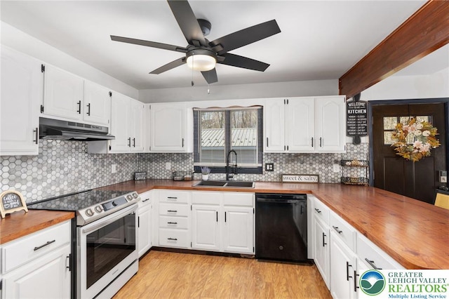 64 Autumn Ln, Penn Forest Twp, PA 18229 - kitchen with electric range oven, dishwasher, under cabinet range hood, wooden counters, and a ceiling fan