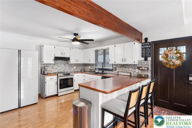 64 Autumn Ln, Penn Forest Twp, PA 18229 - kitchen featuring stainless steel electric stove, under cabinet range hood, tasteful backsplash, a peninsula, and white cabinetry