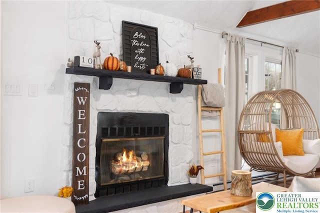 64 Autumn Ln, Penn Forest Twp, PA 18229 - detailed view of a stone fireplace and beam ceiling