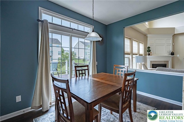 8592 Cascade Rd, Upper Macungie Twp, PA 18031 - dining room featuring wood finished floors, healthy amount of natural light, baseboards, and a fireplace