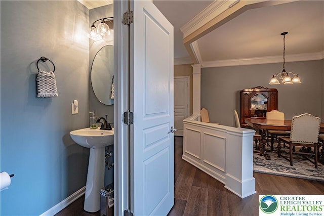 8592 Cascade Rd, Upper Macungie Twp, PA 18031 - bathroom featuring a chandelier, crown molding, and wood finished floors