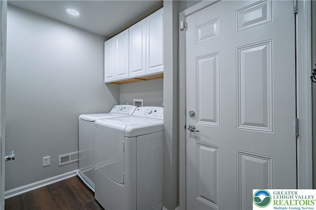 8592 Cascade Rd, Upper Macungie Twp, PA 18031 - laundry area with cabinet space, washing machine and clothes dryer, dark wood-style floors, baseboards, and recessed lighting