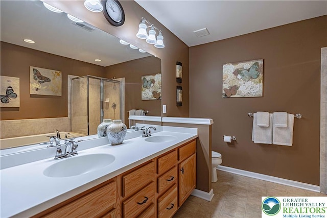 8592 Cascade Rd, Upper Macungie Twp, PA 18031 - bathroom with a stall shower, toilet, tile patterned flooring, a bath, and double vanity