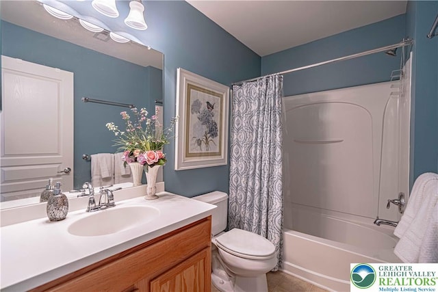 8592 Cascade Rd, Upper Macungie Twp, PA 18031 - bathroom with toilet, vanity, shower / bath combo with shower curtain, and tile patterned floors