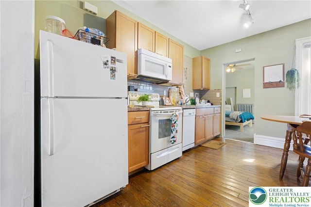 343 N 16th St, Allentown City, PA 18102 - kitchen with white appliances, backsplash, ceiling fan, and dark wood-style flooring