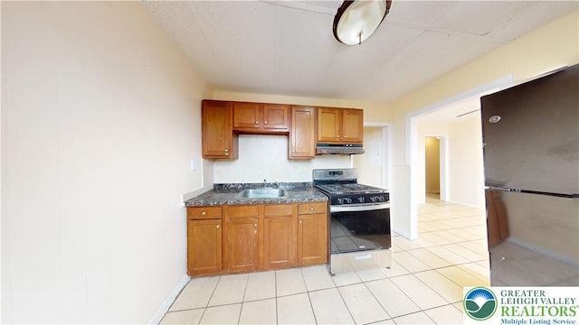 853 N Jordan St, Allentown City, PA 18102 - kitchen with stainless steel appliances, under cabinet range hood, dark countertops, brown cabinetry, and a sink