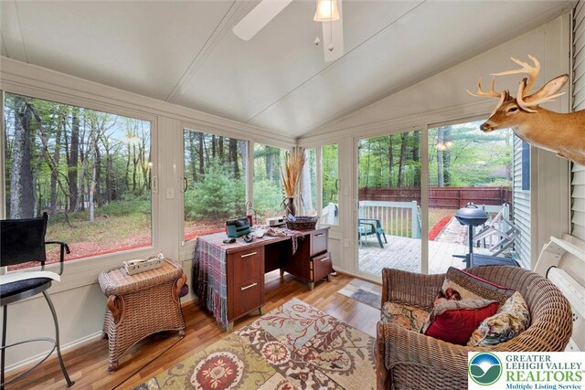 146 Bernadette Dr, Pike, PA 18328 - sunroom / solarium with lofted ceiling, wood finished floors, a deck, and a ceiling fan