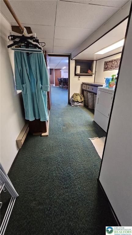 511 N 8th St, Allentown City, PA 18102 - hall featuring washer / dryer, carpet flooring, a paneled ceiling, and a baseboard radiator