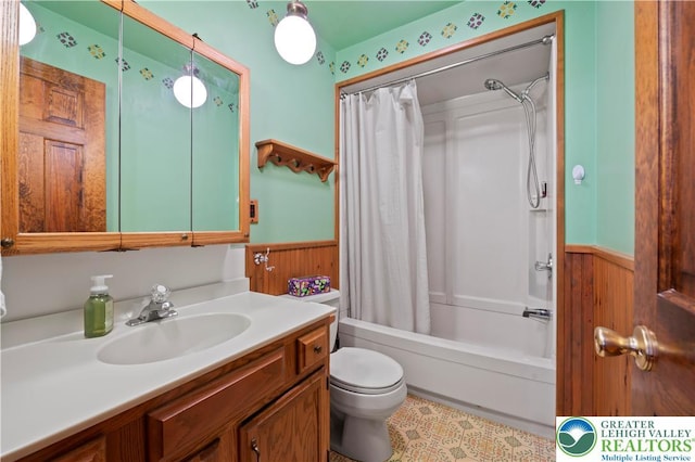 155 7th St, Tatamy Borough, PA 18085 - bathroom with wainscoting, toilet, vanity, shower / bath combo with shower curtain, and wood walls