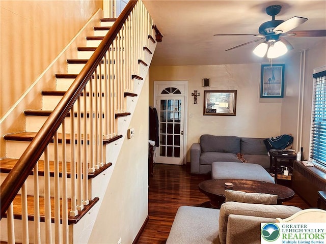 742 N 4th St, Allentown City, PA 18102 - living room with stairway, a ceiling fan, and wood finished floors