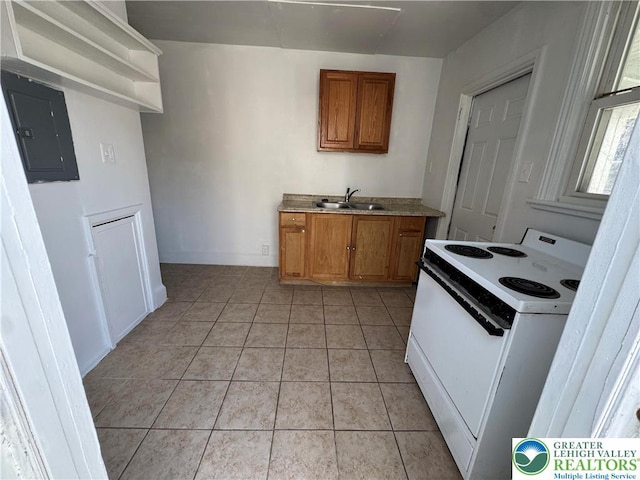 734 W Gordon St, Allentown City, PA 18102 - kitchen with white range with electric stovetop, electric panel, brown cabinetry, a sink, and light tile patterned flooring