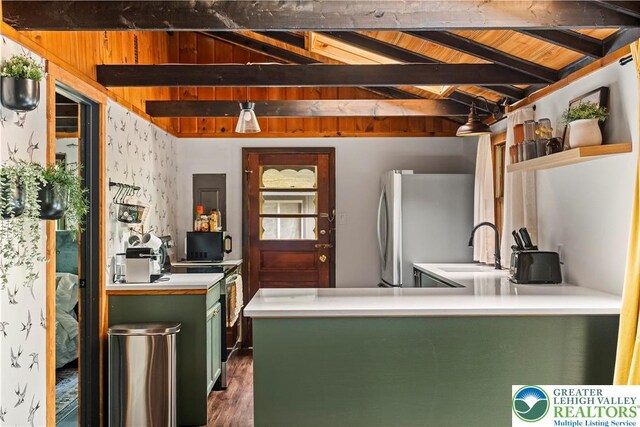105 Honovi Dr, Tobyhanna Twp, PA 18347 - kitchen featuring green cabinets, wooden ceiling, freestanding refrigerator, a sink, and open shelves