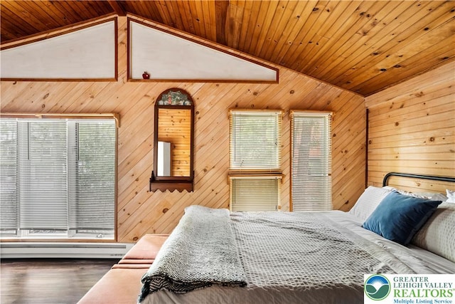 105 Honovi Dr, Tobyhanna Twp, PA 18347 - bedroom with vaulted ceiling, baseboard heating, wood walls, wood finished floors, and wooden ceiling