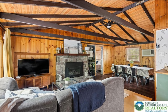 105 Honovi Dr, Tobyhanna Twp, PA 18347 - living room with wooden walls, wood finished floors, a fireplace, and wooden ceiling