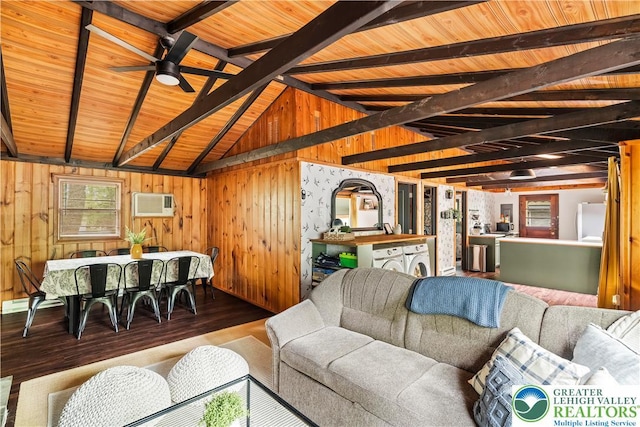 105 Honovi Dr, Tobyhanna Twp, PA 18347 - living area featuring wood finished floors, wood walls, washer / clothes dryer, ceiling fan, and wooden ceiling