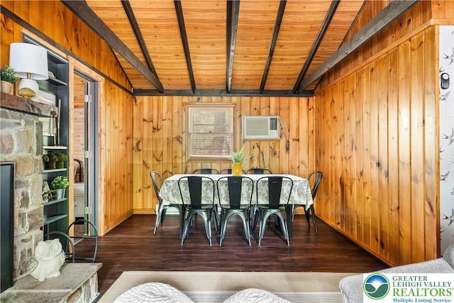 105 Honovi Dr, Tobyhanna Twp, PA 18347 - dining room featuring wood walls, wooden ceiling with exposed beams, a fireplace, wood finished floors, and a wall mounted air conditioner