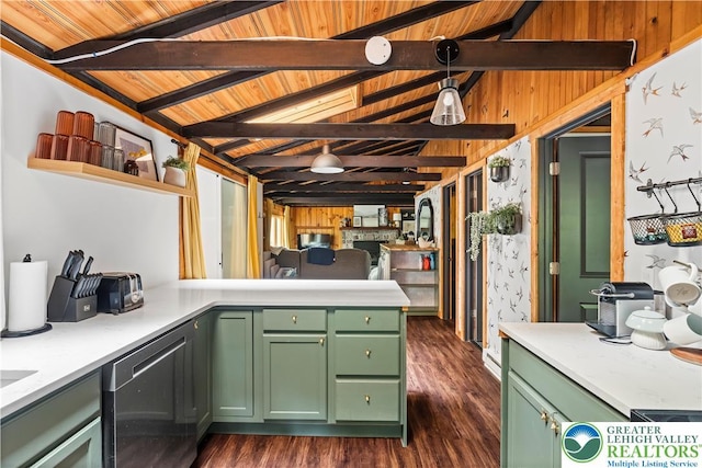 105 Honovi Dr, Tobyhanna Twp, PA 18347 - kitchen with green cabinets, light countertops, stainless steel dishwasher, and wood ceiling