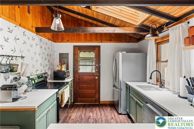 105 Honovi Dr, Tobyhanna Twp, PA 18347 - kitchen with green cabinets, appliances with stainless steel finishes, wooden ceiling, a sink, and dark wood-type flooring
