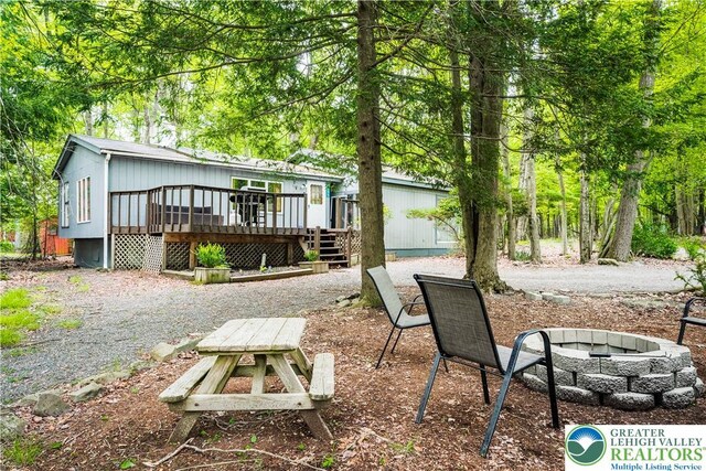 105 Honovi Dr, Tobyhanna Twp, PA 18347 - back of house featuring a fire pit and a deck