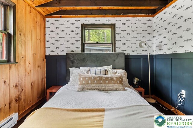 105 Honovi Dr, Tobyhanna Twp, PA 18347 - bedroom featuring a baseboard heating unit, wallpapered walls, a wainscoted wall, and a decorative wall