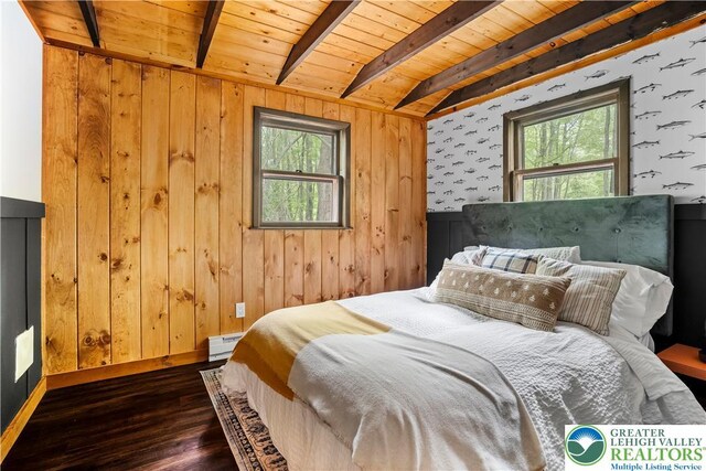 105 Honovi Dr, Tobyhanna Twp, PA 18347 - bedroom featuring hardwood / wood-style flooring, wood ceiling with exposed beams, multiple windows, baseboard heating, and wood walls