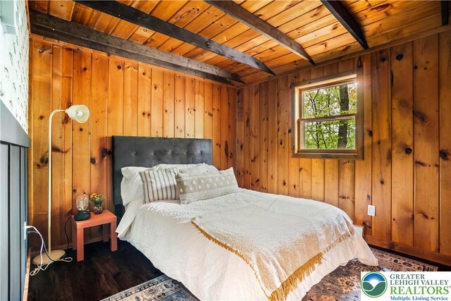 105 Honovi Dr, Tobyhanna Twp, PA 18347 - bedroom with wood finished floors, wood walls, and wooden ceiling with exposed beams