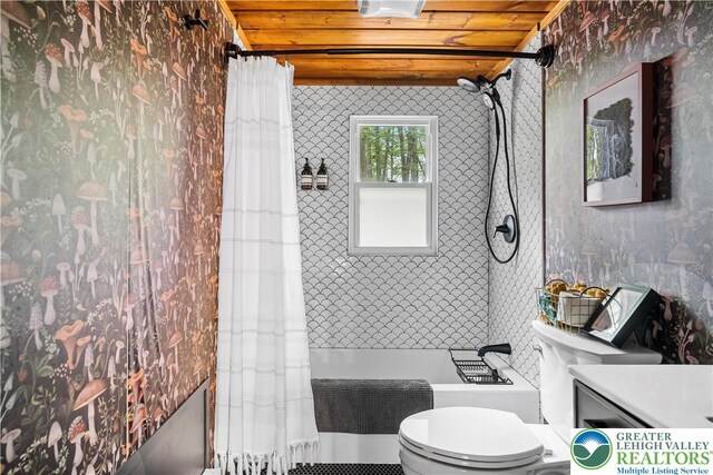 105 Honovi Dr, Tobyhanna Twp, PA 18347 - full bathroom with shower / bathtub combination with curtain, toilet, wooden ceiling, and vanity