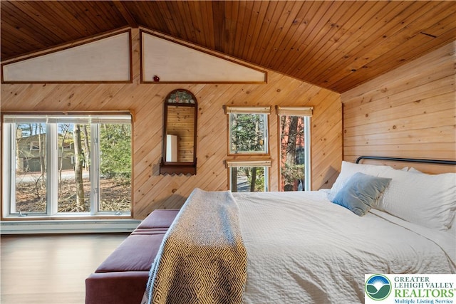 105 Honovi Dr, Tobyhanna Twp, PA 18347 - bedroom featuring vaulted ceiling, wooden walls, multiple windows, a baseboard radiator, and wooden ceiling