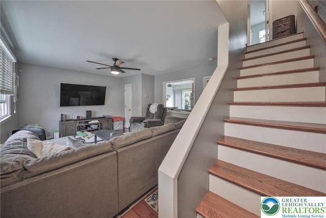 48 Craigie St, Easton, PA 18045 - living room with stairway, a ceiling fan, and healthy amount of natural light
