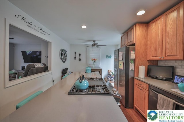 48 Craigie St, Easton, PA 18045 - kitchen featuring stainless steel appliances, decorative backsplash, ceiling fan, recessed lighting, and dark wood-style flooring