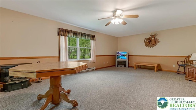 54 Indian Trl, Penn Forest Township, PA 18229 - rec room with ceiling fan, carpet, baseboards, and a baseboard heating unit