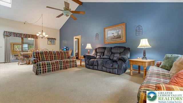 54 Indian Trl, Penn Forest Township, PA 18229 - living area with a chandelier, high vaulted ceiling, beamed ceiling, a ceiling fan, and carpet flooring