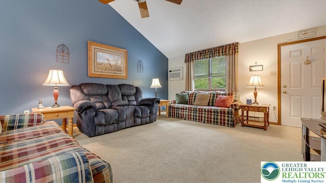 54 Indian Trl, Penn Forest Township, PA 18229 - living area featuring a ceiling fan, lofted ceiling, carpet flooring, and an AC wall unit