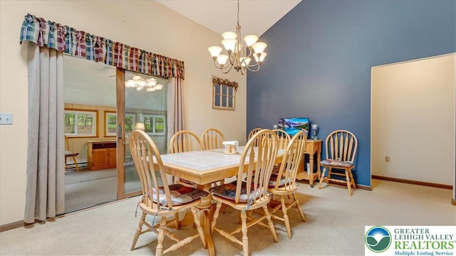 54 Indian Trl, Penn Forest Township, PA 18229 - dining space with a chandelier, light colored carpet, baseboard heating, baseboards, and high vaulted ceiling