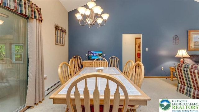 54 Indian Trl, Penn Forest Township, PA 18229 - carpeted dining room featuring a chandelier, a baseboard radiator, lofted ceiling, and baseboards