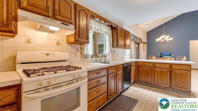 54 Indian Trl, Penn Forest Township, PA 18229 - kitchen with white range with gas cooktop, under cabinet range hood, dishwashing machine, a peninsula, and brown cabinets