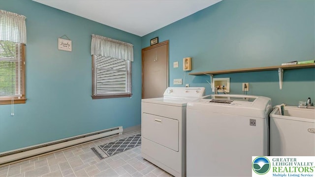 54 Indian Trl, Penn Forest Township, PA 18229 - laundry room with washing machine and clothes dryer, a baseboard heating unit, and light tile patterned floors
