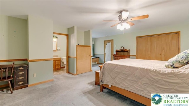 54 Indian Trl, Penn Forest Township, PA 18229 - bedroom with carpet floors, connected bathroom, a closet, baseboards, and a ceiling fan