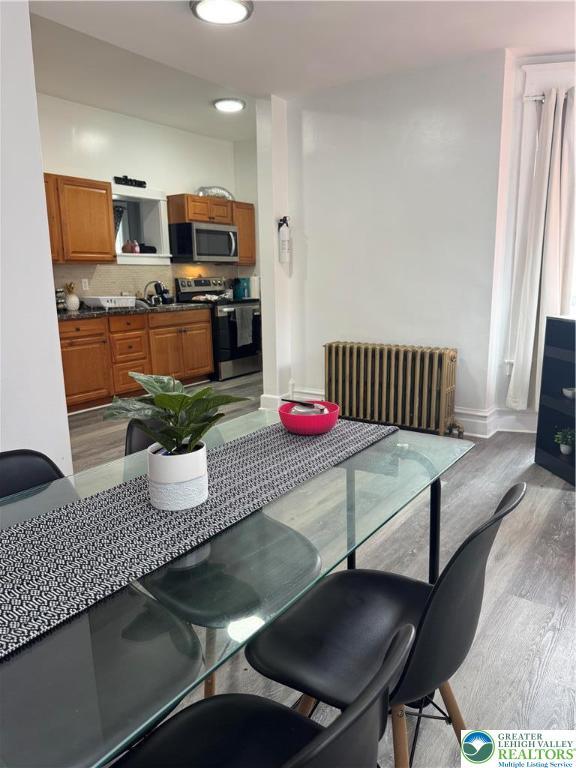 528 N 6th St, Allentown City, PA 18102 - dining area featuring radiator heating unit, light wood-style flooring, and baseboards