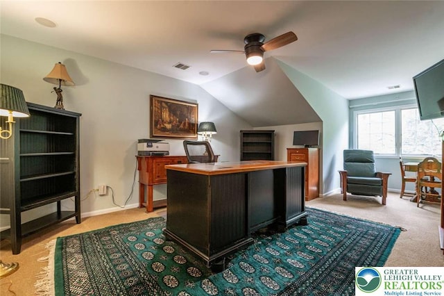 4741 Pinehurst Cir, Upper Saucon Twp, PA 18034 - office area with light colored carpet, a ceiling fan, vaulted ceiling, and baseboards