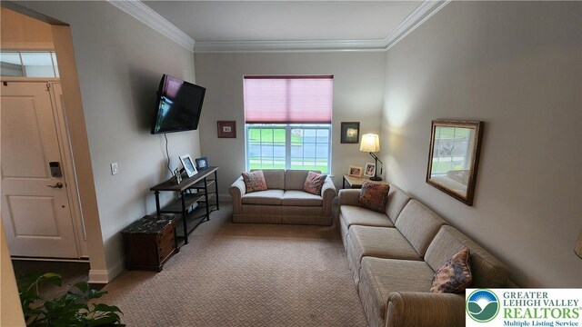 4082 Rutz Ln, South Whitehall Twp, PA 18104 - living area featuring carpet, crown molding, and baseboards