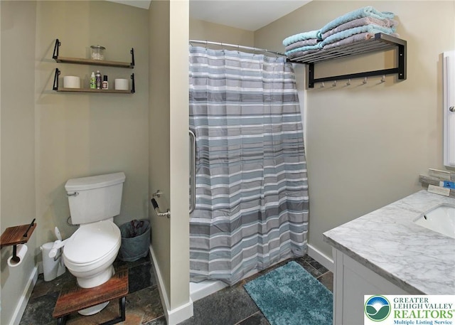8539 Rextown Rd, Slatington Borough, PA 18080 - full bath with toilet, vanity, a shower with shower curtain, and baseboards